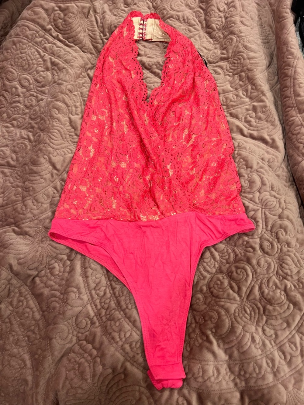 bebe Bright Coral Pink Lace Halter One-Piece Bodysuit